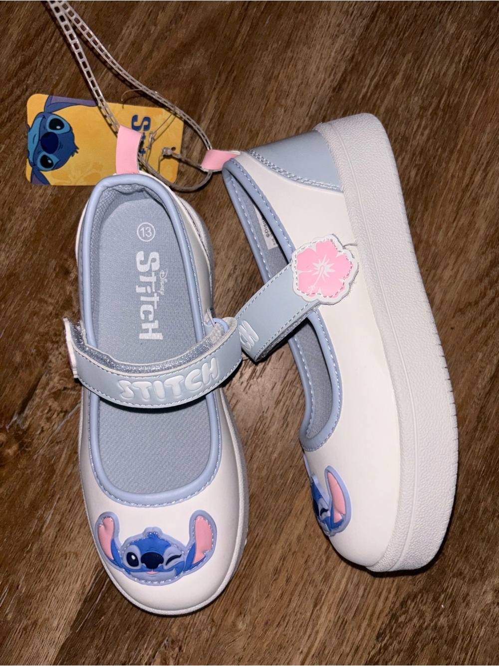 Disney Stitch Girls Mary Jane Ballet Flats Hook & Loop White/Blue Sz 13 Platform